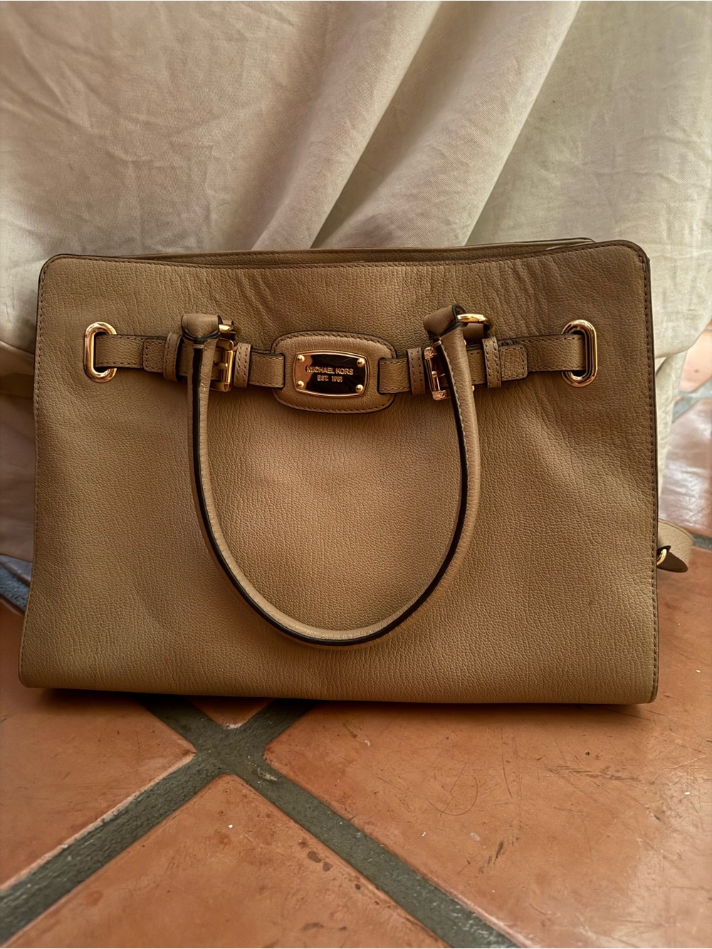 Perfect Size, Shape Michael Kors Beige/Tan Leather Satchel with Gold Hardware